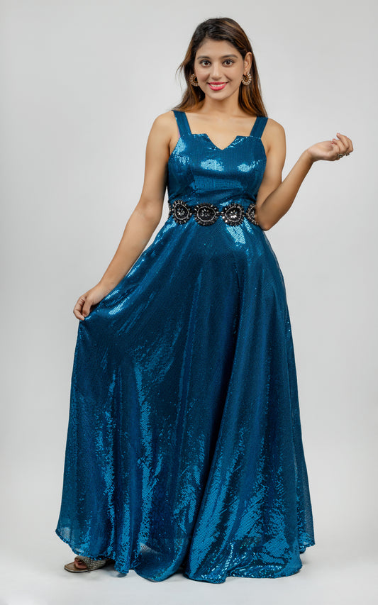 Ocean Blue Beautiful Sequin Gown