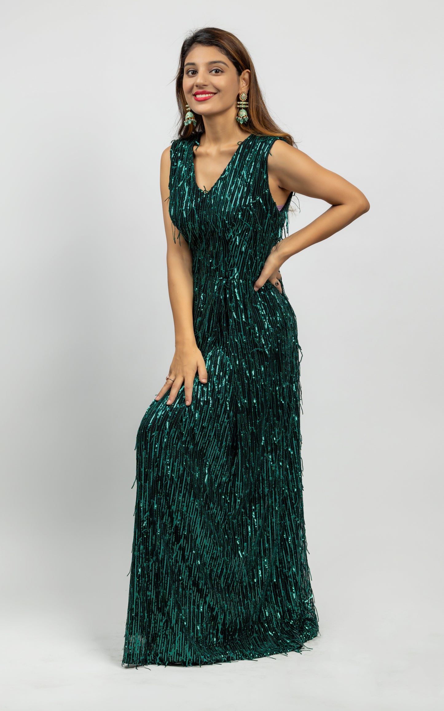 Alish Deep Green V Shaped Neck Sequin Gown DC2311