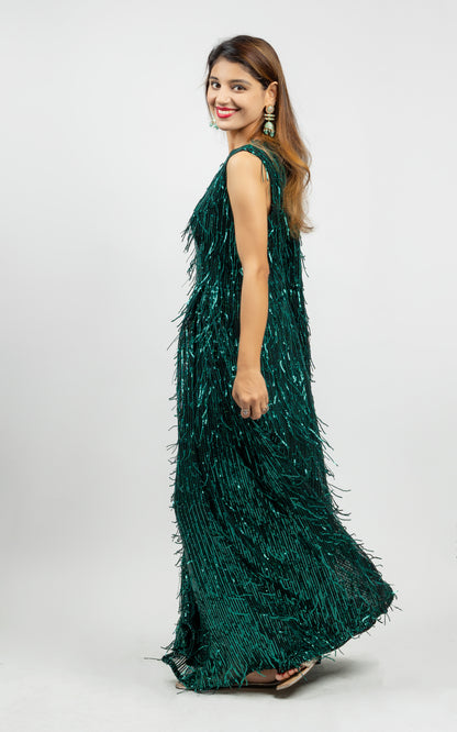 Alish Deep Green V Shaped Neck Sequin Gown DC2311