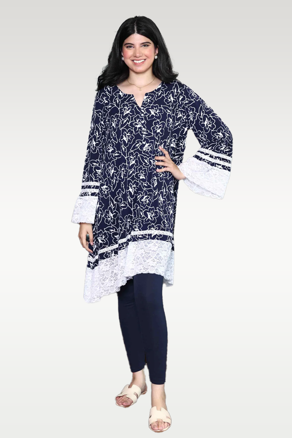 Alish Blue Printed Kurti with Lace Borders RMBW1