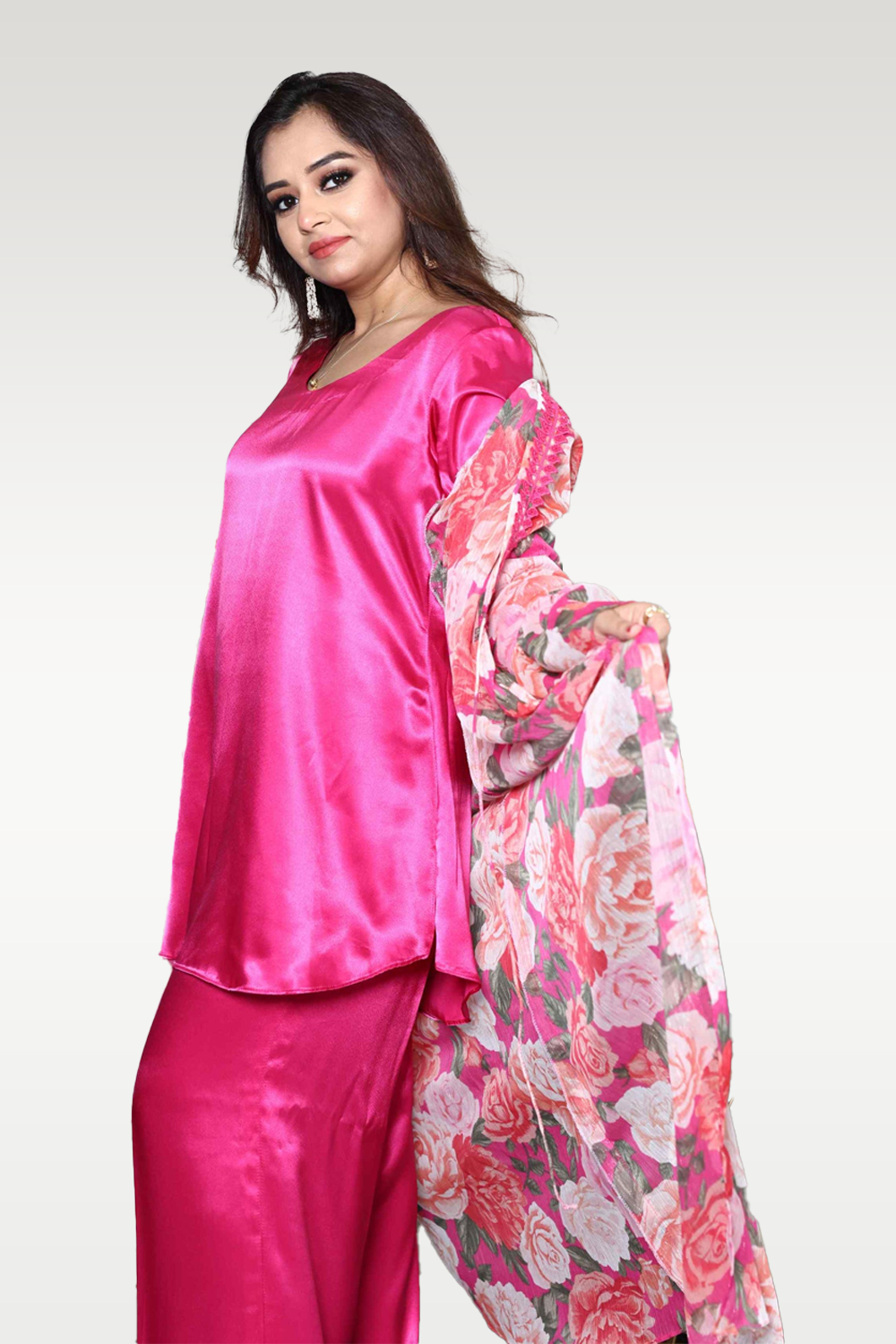 Alish Bright Pink Co Ord Set with Floral Cape RMIW