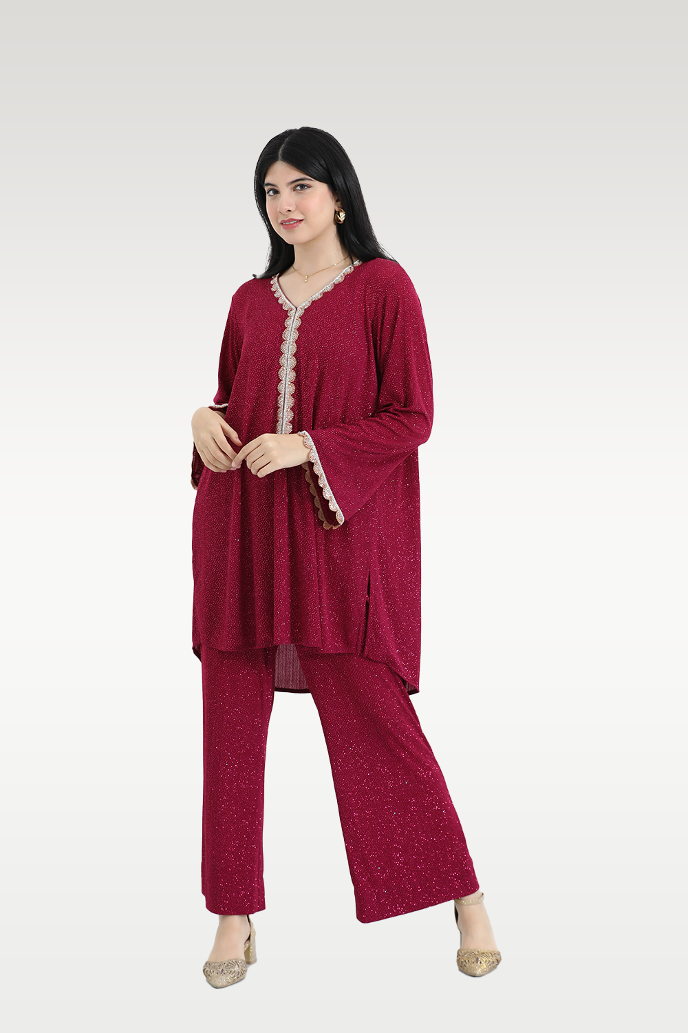 Alish Maroon Glittery Co ord Set