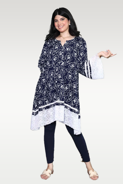 Alish Blue Printed Kurti with Lace Borders RMBW1