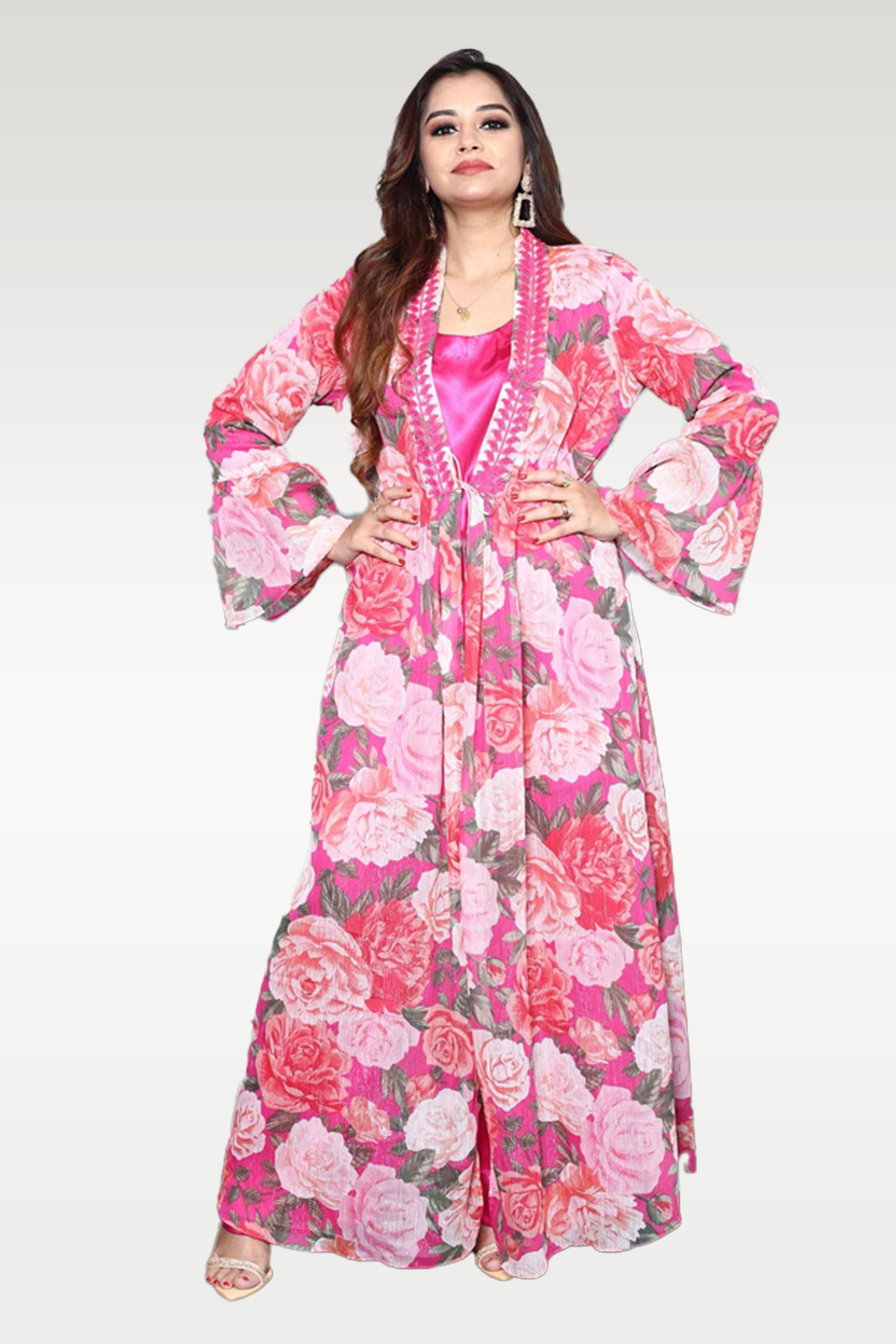 Alish Bright Pink Co Ord Set with Floral Cape RMIW