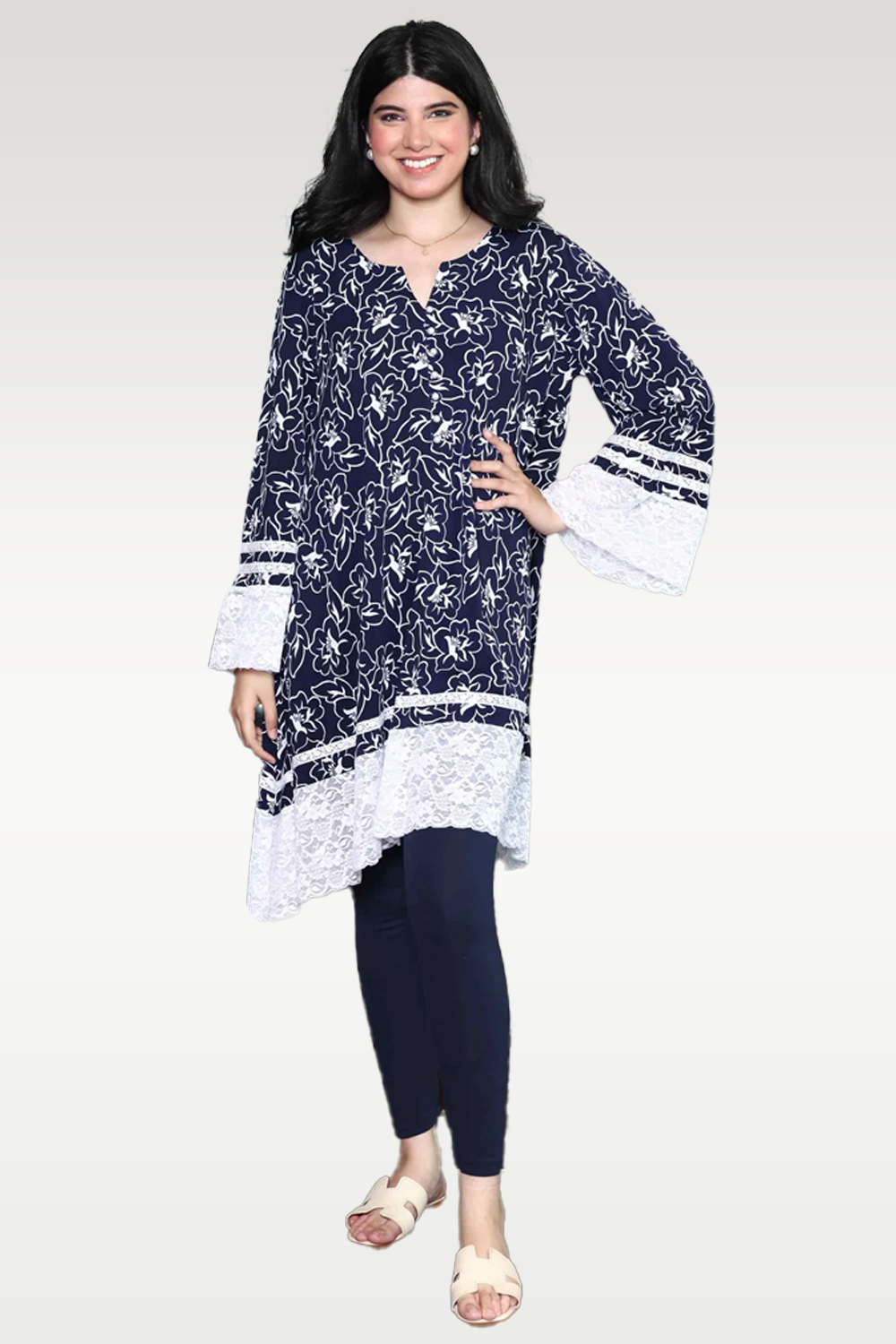 Alish Blue Printed Kurti with Lace Borders RMBW1