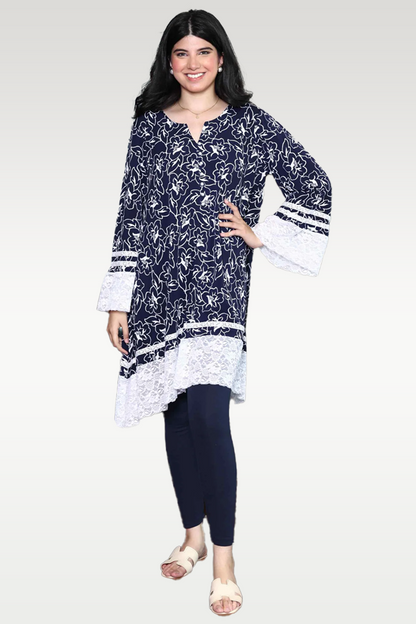 Alish Blue Printed Kurti with Lace Borders RMBW1