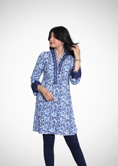 Alish Navy Blue Lawn Printed Kurti Embellished with Blue Lace