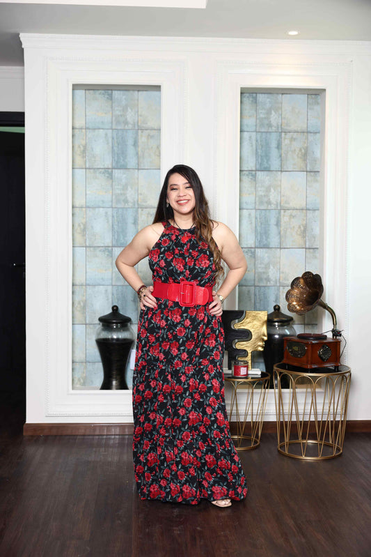 Printed Red Rose flowy Chiffon Gown RMHZ