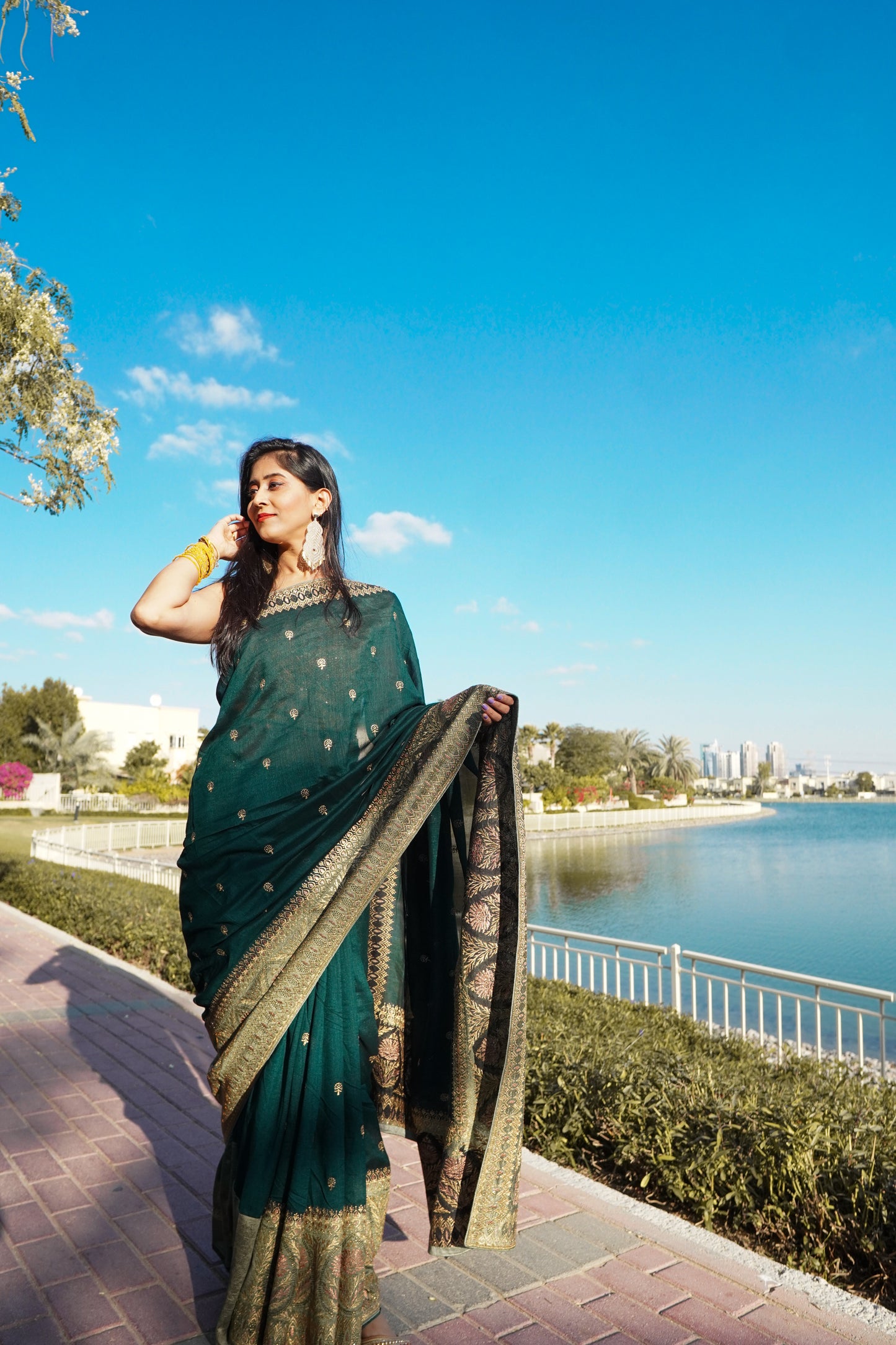 Green Saree with Golden Borders