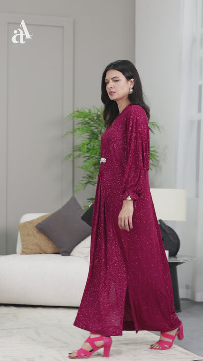 Elegant Maroon Glitter Drape Gown